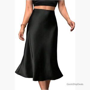 Satin Midi Skirt High Waisted Flared Office Party Skirt